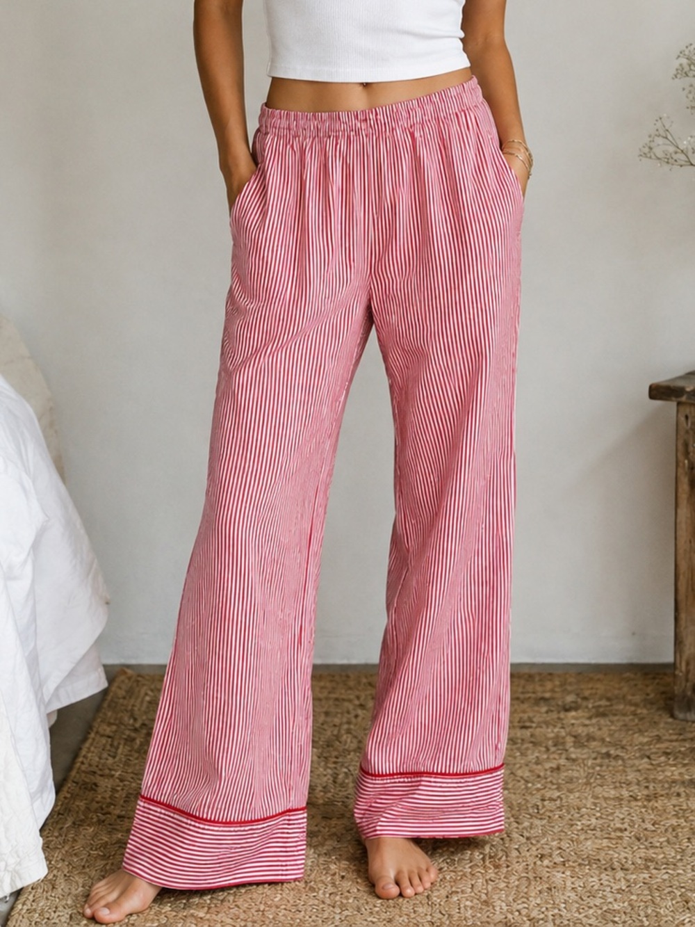 J.Crew Striped Cotton Poplin Lounge Pants in Candy Apple